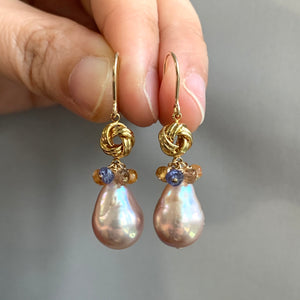 Soft Pink Rainbow AAA Edison Pearls & Andalusite, Tanzanite Gems Knots 14kGF