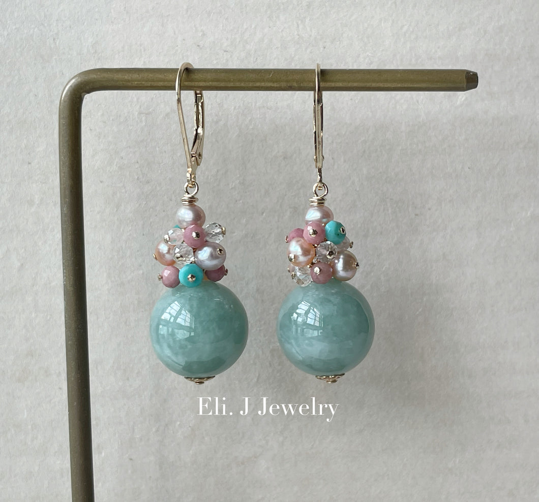 Apple Green Type A Jade Balls & Gemstones Rhodocrosite, Turquoise 14kRGF Earrings