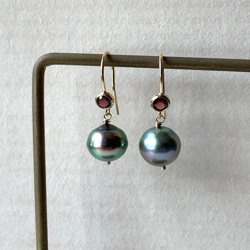 AAA Peacock Rainbow Tahitian Baby Pearls, Garnet 14kGF hooks