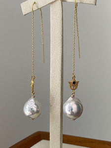 Rainbow-Pink Ivory Pearls, Tulip 14kGF Threader Earrings