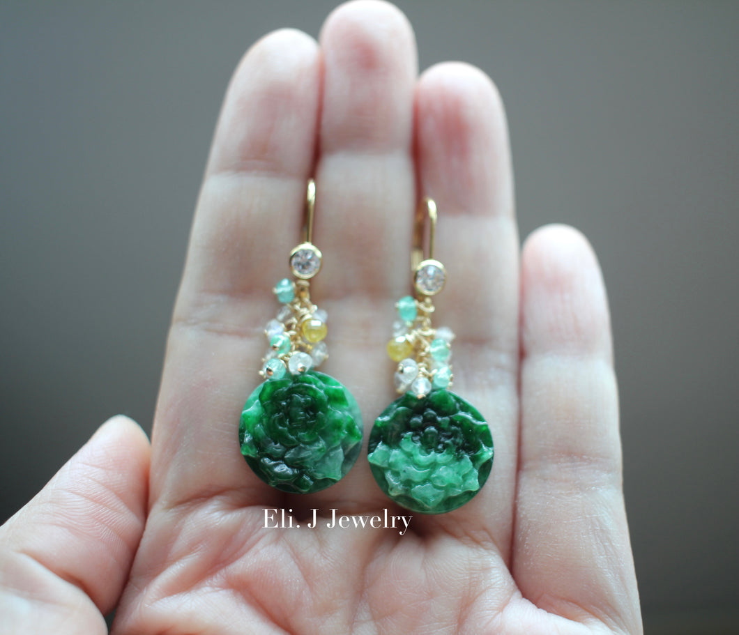 Exclusive: Peony Dark Green Type A Jadeite, Yellow Diamonds, Emerald, 14kGF Earrings