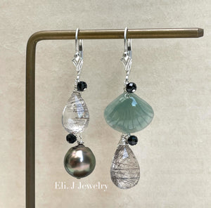 Exclusive to Eli. J: Bluish-Green Jade Shells, Tahitian Pearl, Black Rutile 925 Silver Earrings