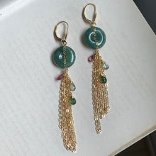 Load image into Gallery viewer, Type A Dark Green Jade with Tassels &amp; Tourmaline Earrings