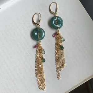 Type A Dark Green Jade with Tassels & Tourmaline Earrings