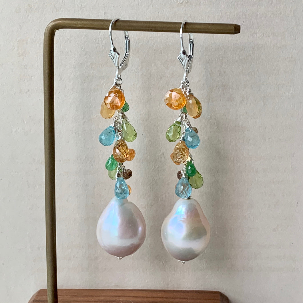 Cream AAA Baroque Pearls, Apatite, Mandarin Garnet, & Gems 925 Earrings