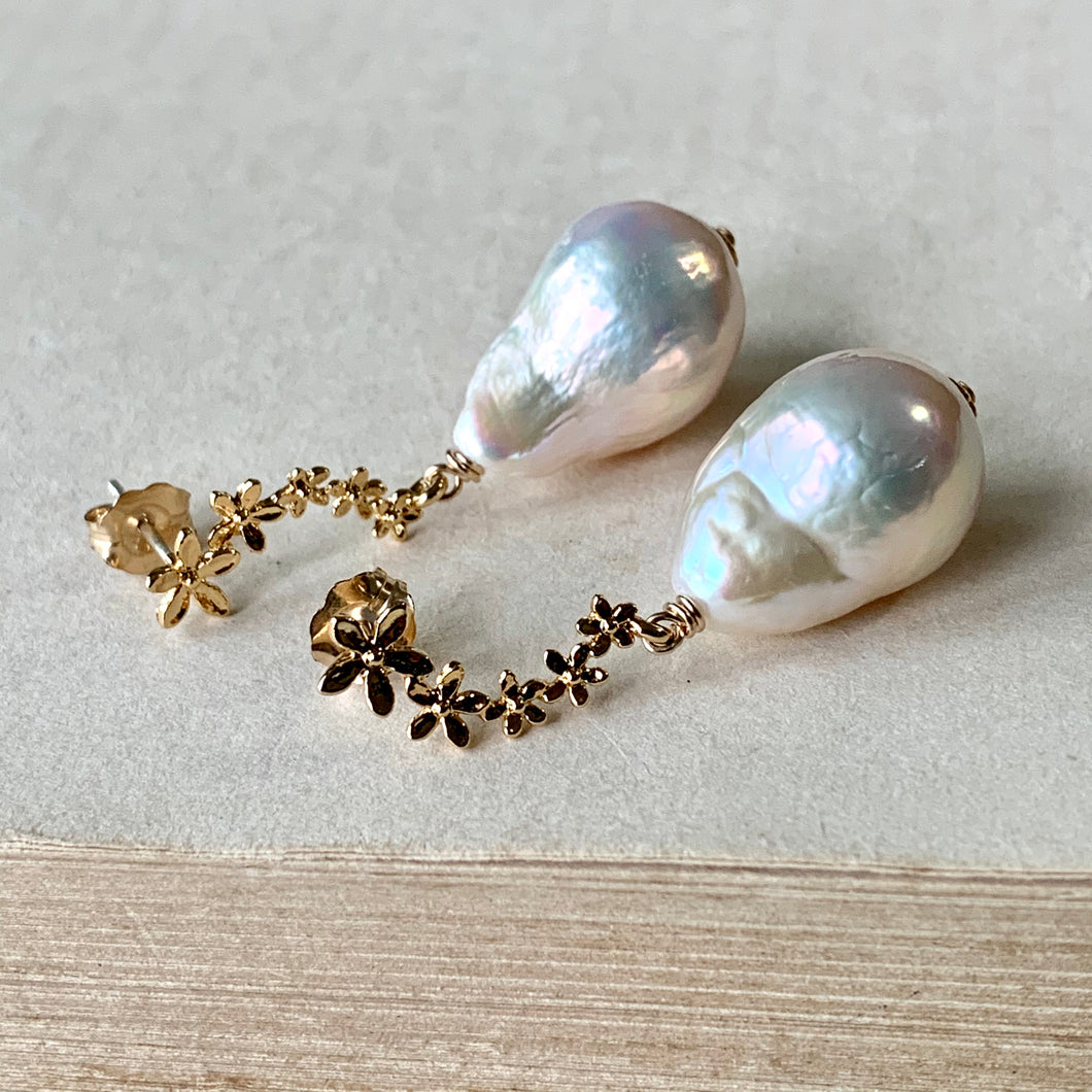 White Freshwater Baroque, Cascading Floral Studs 14kGF
