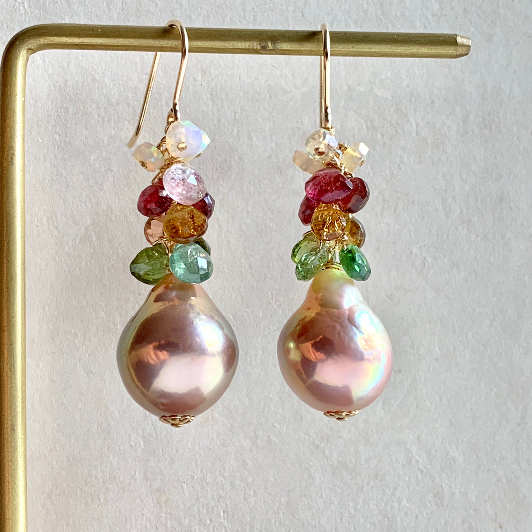 Tourmaline, Opal & Rainbow Lustre Peach Pearls on 14k Gold Filled