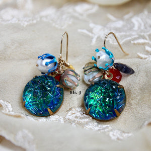 Vintage Ocean Glass Gems & Flowers, Pearls & Gemstone 14kGF Earrings