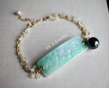 Load image into Gallery viewer, Exclusive to Eli. J: Type A Mint Green Carved Jade Bar Bracelet, Tahitian Pearl, Herkimer Quartz 14kGF