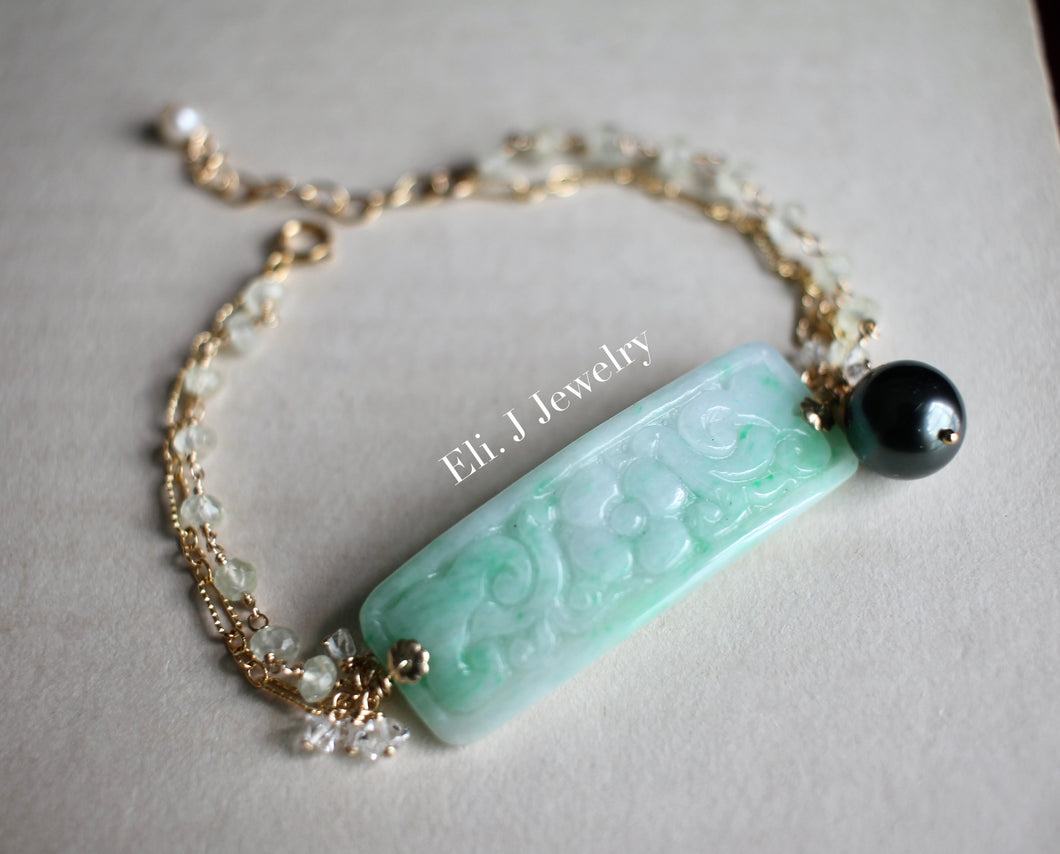 Exclusive to Eli. J: Type A Mint Green Carved Jade Bar Bracelet, Tahitian Pearl, Herkimer Quartz 14kGF