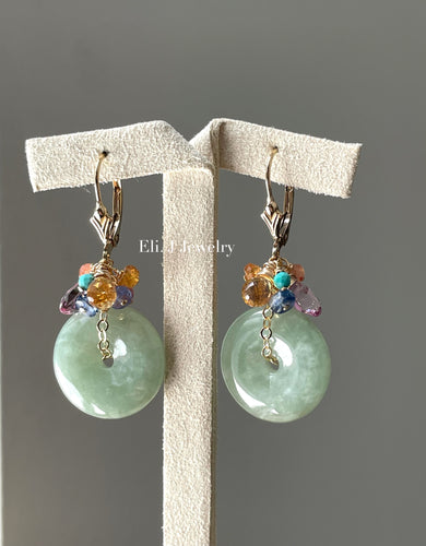 Type A Apple-Green Jade Donuts & Pink Topaz & Rainbow Gemstones Earrings
