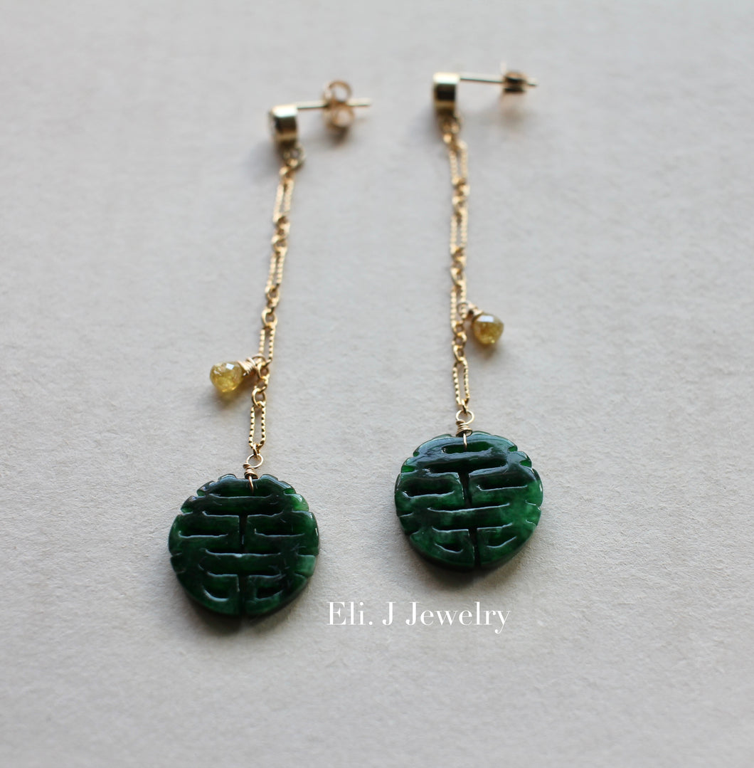 Exclusive to Eli. J: 喜喜 Double Happiness Dark Green Jade, Yellow Diamonds 14kGF Earrings