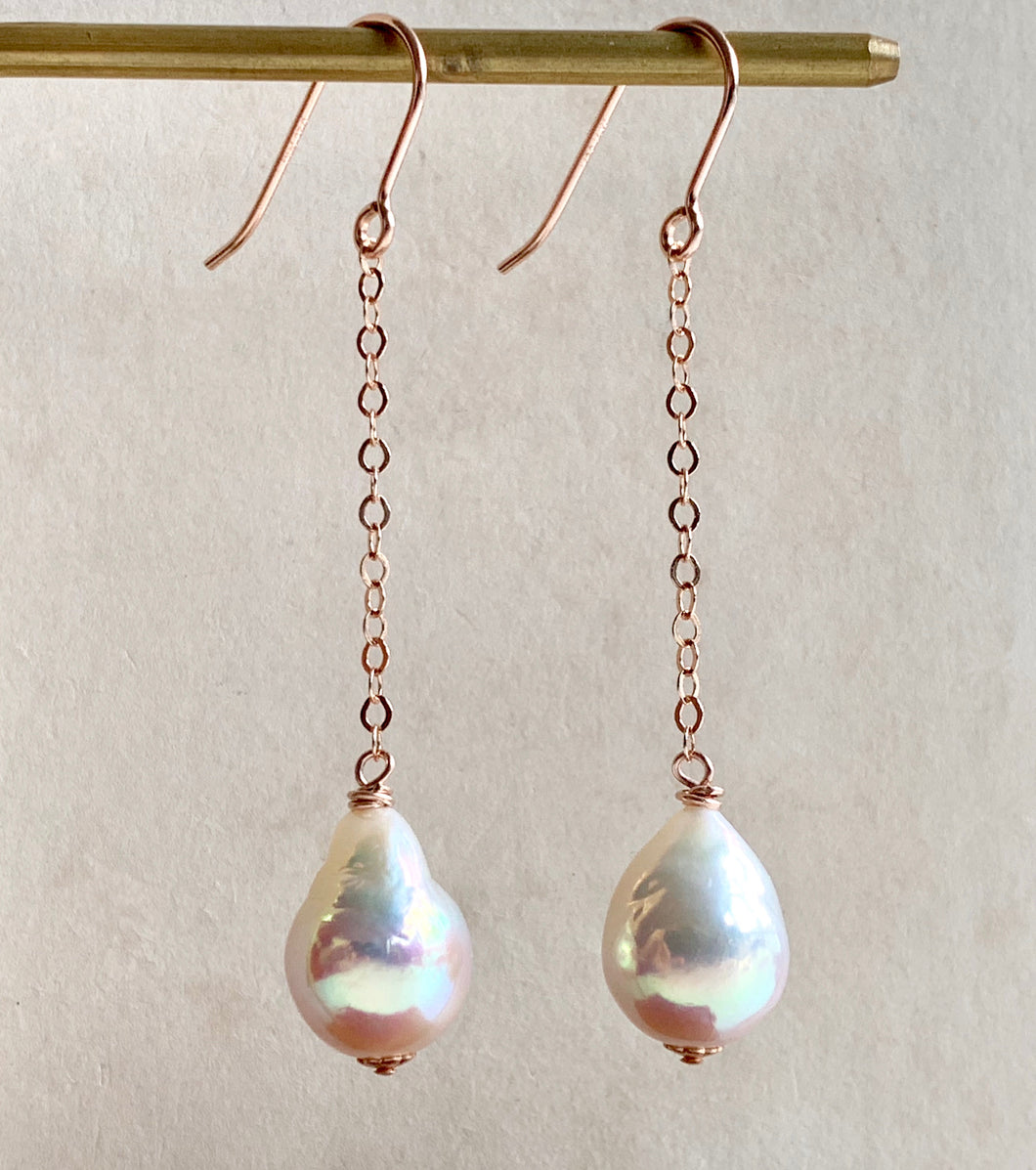 White Pearl Drops on 14k Rose Gold Filled