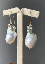 Load image into Gallery viewer, Ivory Baroque Pearls, Green Tourmaline, Aquamarine 14KGF Earrings