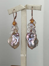 Load image into Gallery viewer, Mermaid Peach Rainbow Baroque Pearls, Rainbow Moonstone, Rose Quartz 14kRGF Earrings