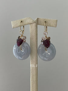 Large Bluish Lavender Jade Donuts, Watermelon Tourmaline Leaves, Pearls, Labradorite 14kGF Earrings