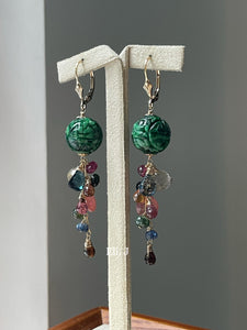 Deep Green Carved Balls, Tourmaline, Golden Rutile, London Blue Topaz 14kGF Earrings