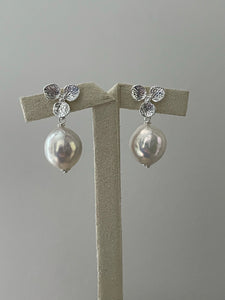 Ivory Pearls on Silver Floral Studs