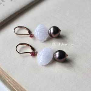 Eli. J Exclusive: Light Lavender Jade Shells, Rose Tahitian Pearls 14kRGF Earrings