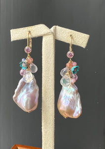 Pink Baroque Pearls, Rainbow Moonstone, Vtg Flowers 14kGF Earrings