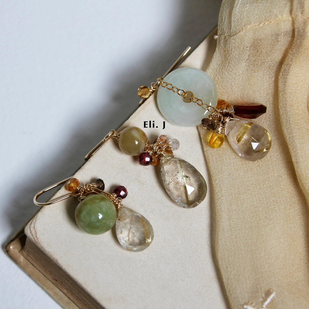 Yellow Jade Trio, Golden Rutile, Gemstone 14kGF Earrings