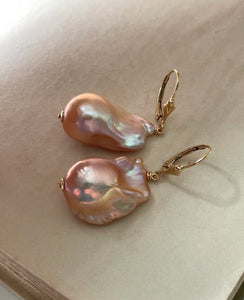 Rainbow-Peach Baroque Pearl Earrings 14kGF