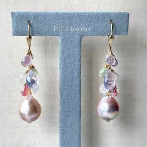 Rainbow Pink Large Edison Pearls, Lavender quartz, Rose Quartz, Pink Topaz 14kGF Earrings