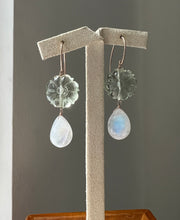 Load image into Gallery viewer, Green Amethyst Flower, Rainbow Moonstone 14kRGF Earrings
