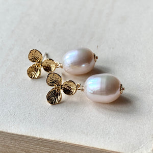 White Freshwater Pearls on Floral Studs