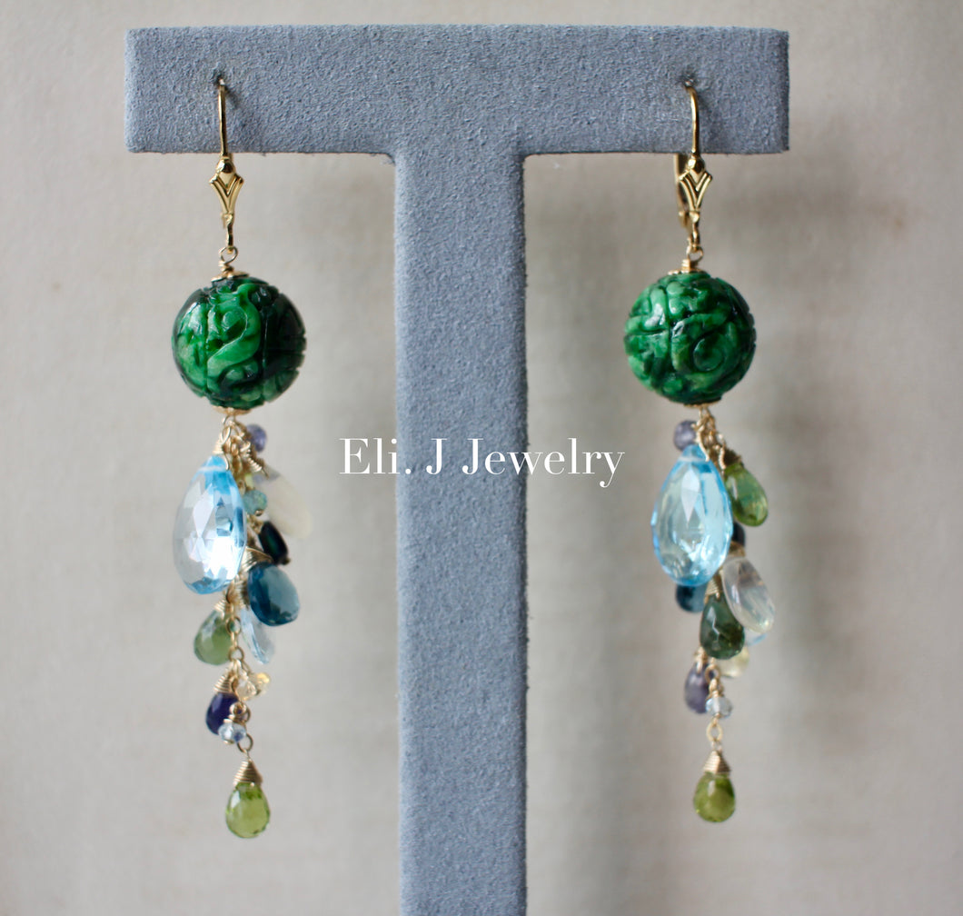 Type A Carved Deep Green Jade Balls & Blue Gemstones 14kGF Earrings