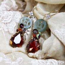 Load image into Gallery viewer, Custom-Cut Jade, Vintage Glass Gems &amp; Flowers 14KGF Earrings
