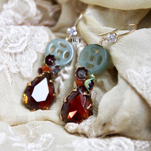 Custom-Cut Jade, Vintage Glass Gems & Flowers 14KGF Earrings