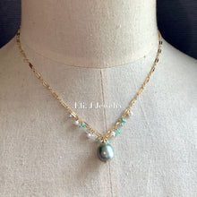 Load image into Gallery viewer, AAA Silver- Mint Tahitian Pearl, Emerald, Aquamarine, White Pearls 14kGF Necklace