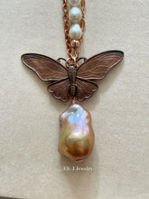 Load image into Gallery viewer, Freedom: Vintage Copper Butterfly, Gold-Rainbow Baroque Pearl, Ivory Pearl Necklace