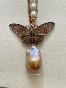 Freedom: Vintage Copper Butterfly, Gold-Rainbow Baroque Pearl, Ivory Pearl Necklace