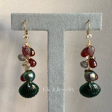 Load image into Gallery viewer, Eli. J Exclusive: Emerald Type A Jade Shells, Tahitian Pearls, Garnet, Rutile 14kGF Earrings