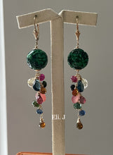 Load image into Gallery viewer, Deep Green Carved Balls, Tourmaline, Golden Rutile, London Blue Topaz 14kGF Earrings