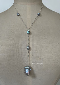 Silver Baroque & Keshi Pearls Y Necklace 925 Silver