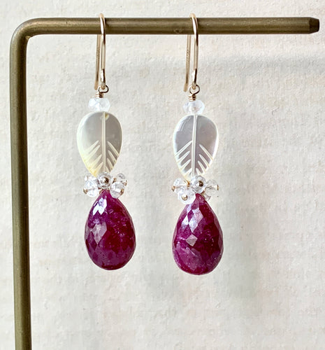 AAA Ruby Mother-of-Pearl Leaves 14k GF Earrings