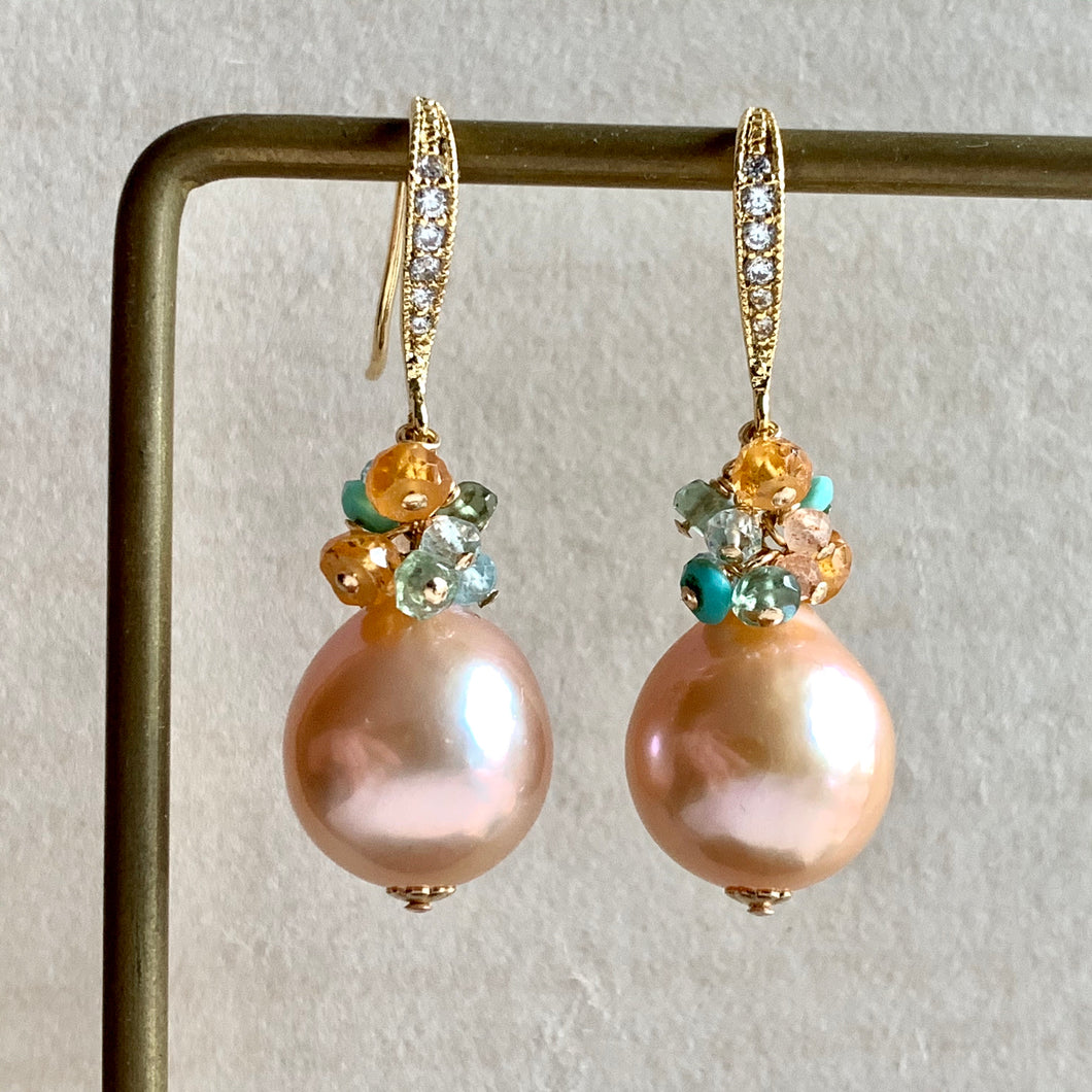 Peach Edison Pearls Orange & Turquoise Earrings