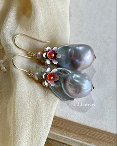 Audrey: Silver Baroque Pearls, Vtg Flowers, Gemstones Earrings