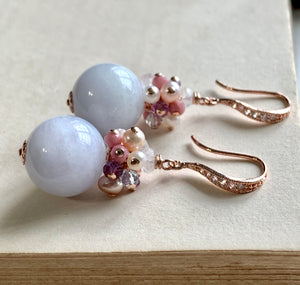 Large Type A Lavender Jade Balls & Pink Gems Rose Gold Earrings