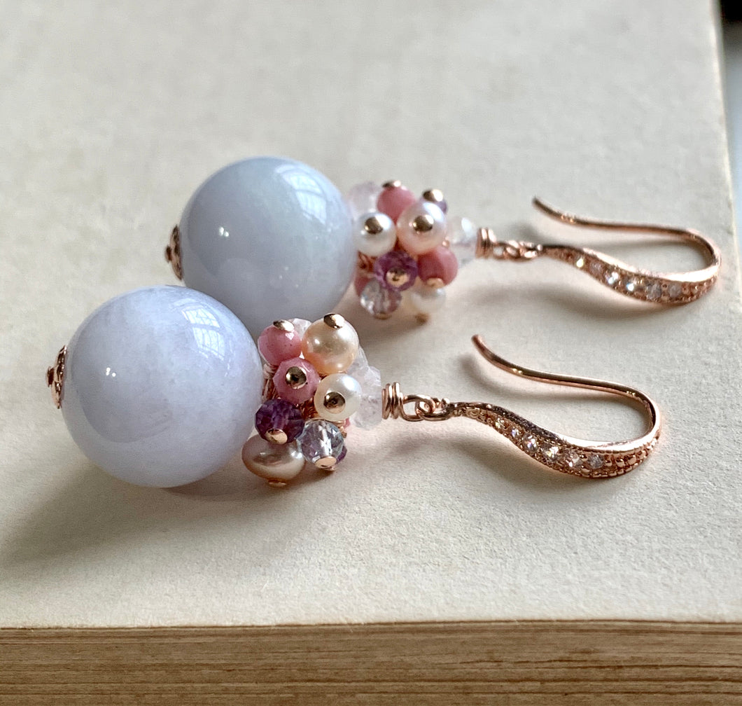Large Type A Lavender Jade Balls & Pink Gems Rose Gold Earrings