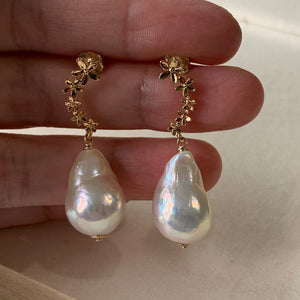 White Freshwater Baroque, Cascading Floral Studs 14kGF