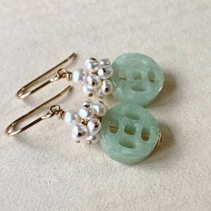 Carved Type A Apple-Green Jade & Pearls 14kGF Earrings