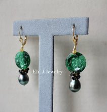 Load image into Gallery viewer, Exclusive: Peony Dark Green Type A Jadeite, Tahitian Pearls, Spinel 14kGF Earrings