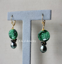 Load image into Gallery viewer, Exclusive: Peony Dark Green Type A Jadeite, Tahitian Pearls, Spinel 14kGF Earrings