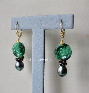 Exclusive: Peony Dark Green Type A Jadeite, Tahitian Pearls, Spinel 14kGF Earrings