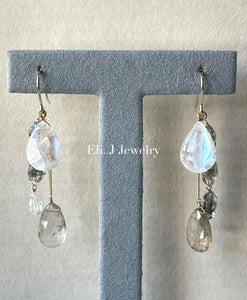 Winter 3: Rainbow Moonstone, Golden Rutile, Herkimer Quartz 14kGF Earrings