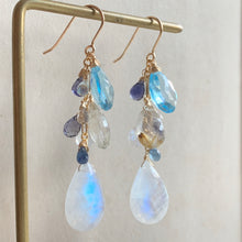 Load image into Gallery viewer, Clouds- Sky Blue Topaz, Rainbow Moonstone, Sapphire 14k Gold Filled Earrings